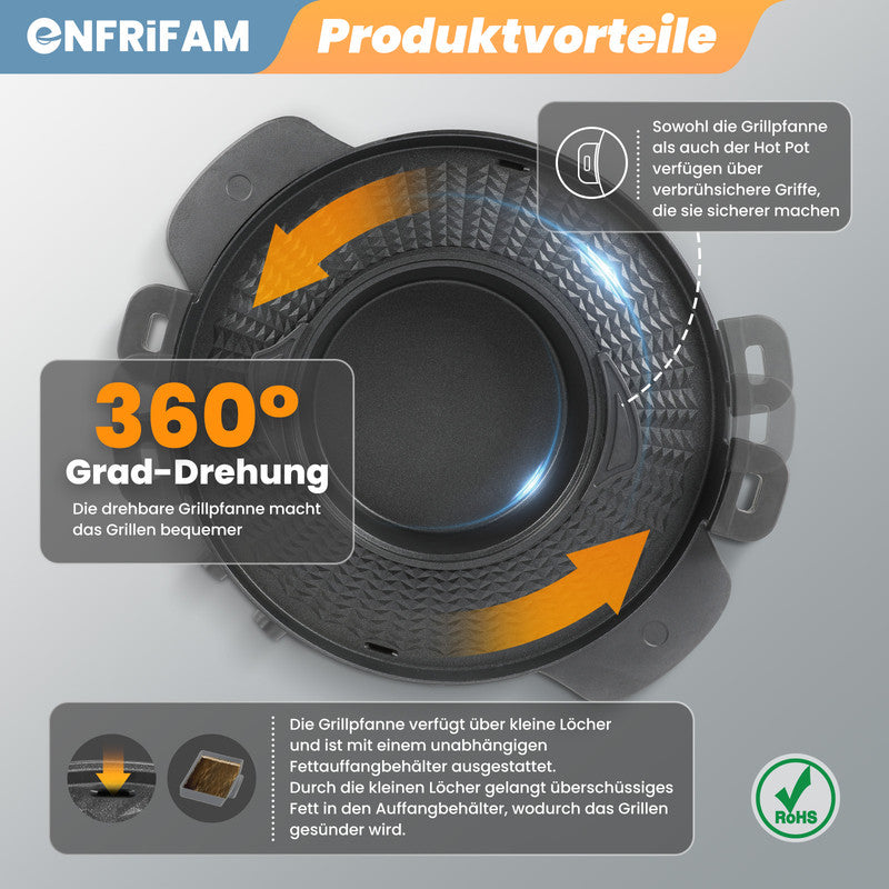 ENFRIFAM 2-in-1 Hot Pot & Teppanyaki Grill – Elektrischer Tischgrill mit Kochtopf - unbenutzte, geprüfte  B-Ware
