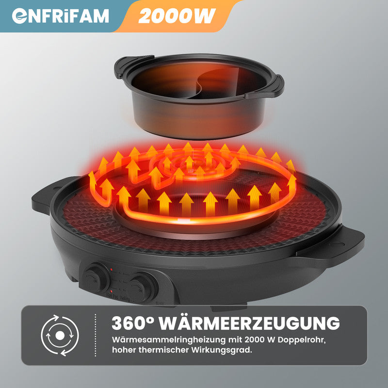 ENFRIFAM 2-in-1 Hot Pot & Teppanyaki Tischgrill 2000W – Elektrischer Grill mit Kochtopf - unbenutzte geprüfte B-Ware