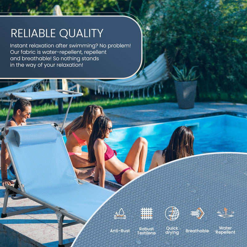 HOMECALL Sonnenliege klappbar Blau – leichte Aluminium Gartenliege mit Sonnenschutz & 5-fach verstellbar - blau | B-Ware Sonderposten