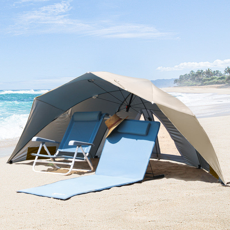 HOMECALL Strandmuschel mit SchirHOMECALL Strandmuschel mit Schirmsystem khaki – 3in1 Sonnenschirm & Windschutz  klappbar | B-Ware Sonderposten