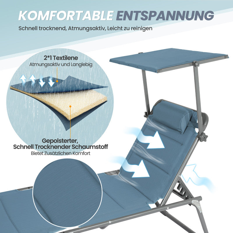 Sonnenliege klappbar – Gartenliege aus Aluminium mit 5-fach verstellbarer Rückenlehne, Sonnenschutz und Kopfstütze, bis 180 kg belastbar - blau