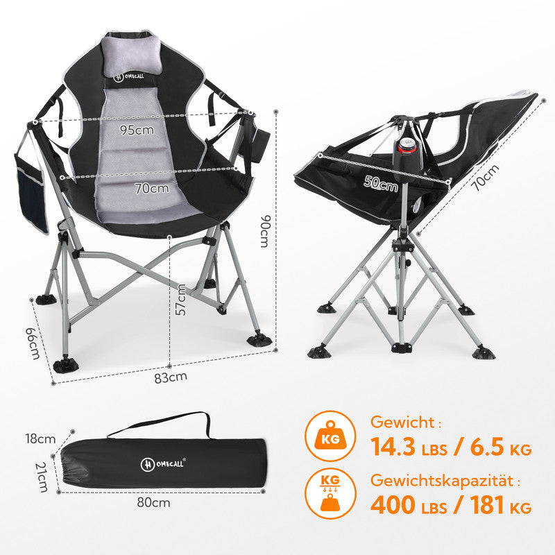 Camping Schaukelstuhl faltbar – Komfortabler Outdoor Hängesessel mit verstellbarer Rückenlehne für Garten & Camping schwarz-grau