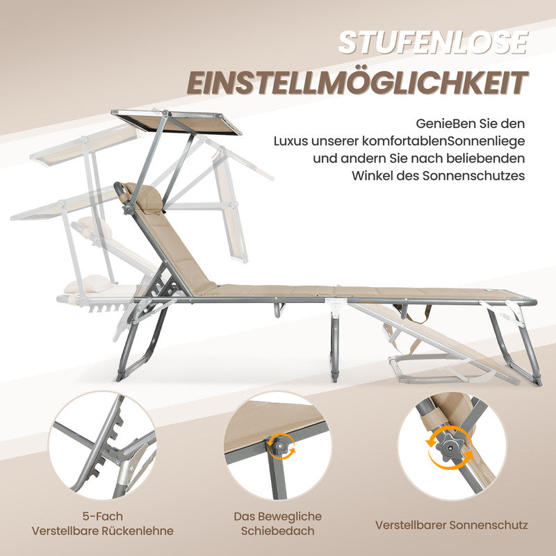 Sonnenliege klappbar – Gartenliege aus Aluminium mit 5-fach verstellbarer Rückenlehne, Sonnenschutz und Kopfstütze, bis 180 kg belastbar - beige