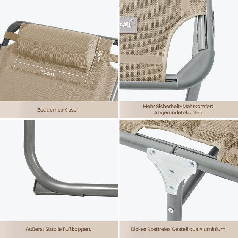 Sonnenliege klappbar – Gartenliege aus Aluminium mit 5-fach verstellbarer Rückenlehne, Sonnenschutz und Kopfstütze, bis 180 kg belastbar - beige