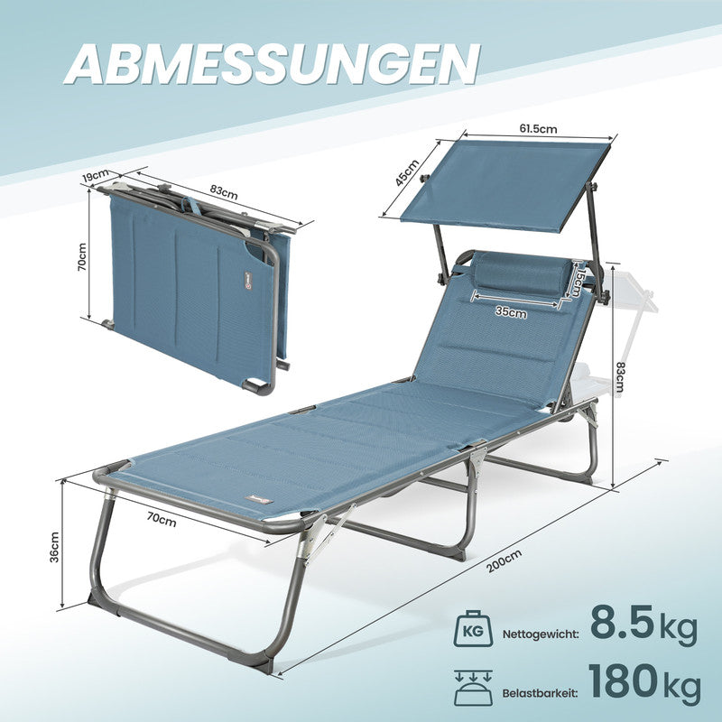 Sonnenliege klappbar – Gartenliege aus Aluminium mit 5-fach verstellbarer Rückenlehne, Sonnenschutz und Kopfstütze, bis 180 kg belastbar - blau