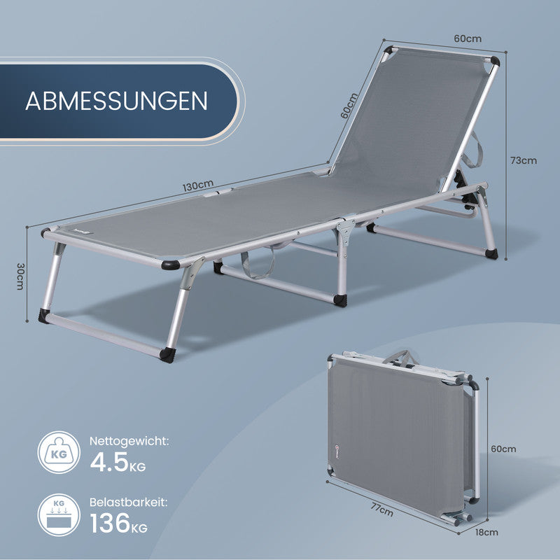 Sonnenliege klappbar – Leichte Gartenliege aus Aluminium mit 5-fach verstellbarer Rückenlehne - grau