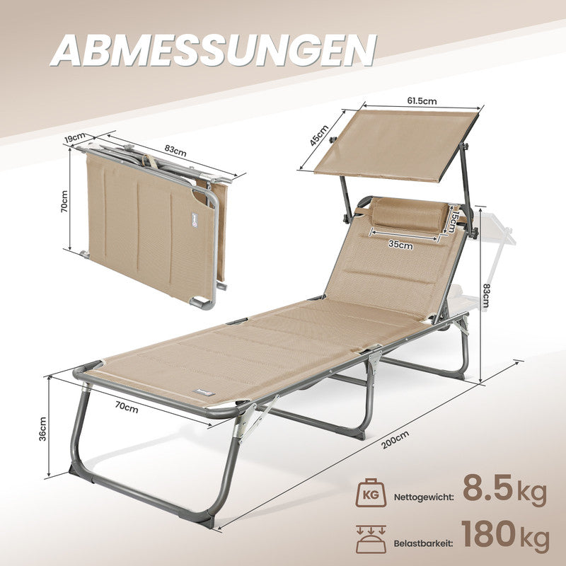 Sonnenliege klappbar – Gartenliege aus Aluminium mit 5-fach verstellbarer Rückenlehne, Sonnenschutz und Kopfstütze, bis 180 kg belastbar - beige