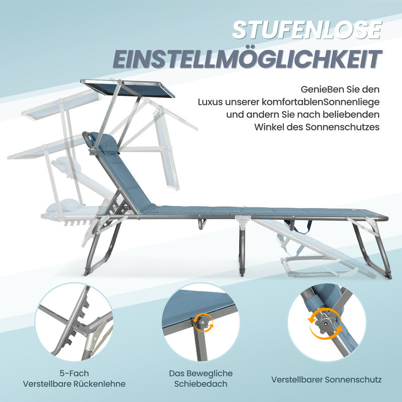 Sonnenliege klappbar – Gartenliege aus Aluminium mit 5-fach verstellbarer Rückenlehne, Sonnenschutz und Kopfstütze, bis 180 kg belastbar - blau