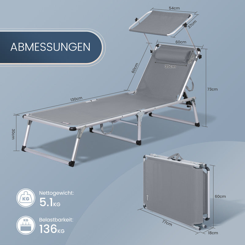 Sonnenliege klappbar – Leichte Gartenliege aus Aluminium mit 5-fach verstellbarer Rückenlehne Sonnendach und Nackenkissen grau