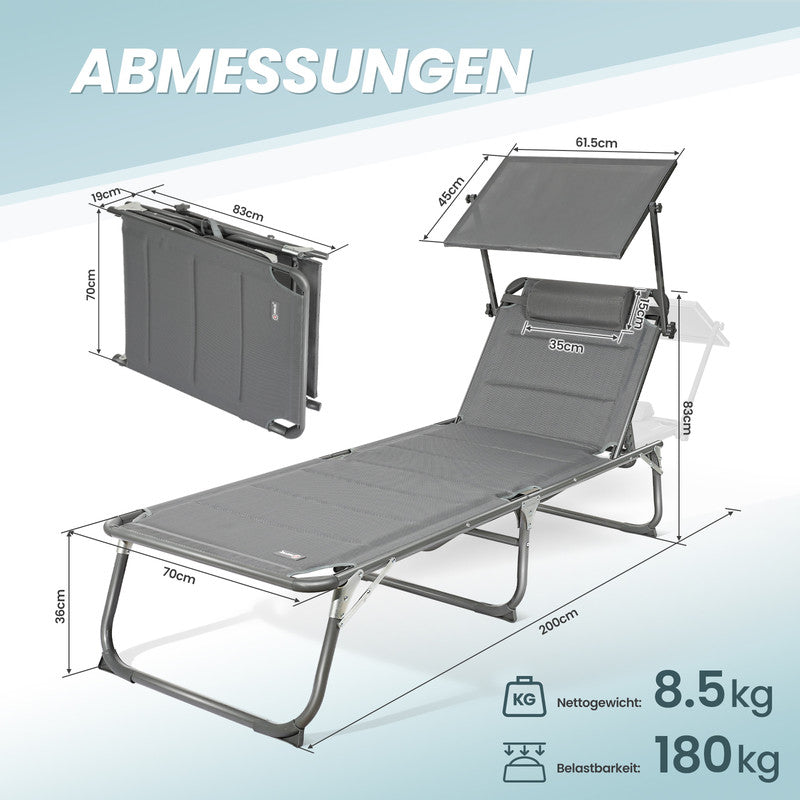 Sonnenliege klappbar – Gartenliege aus Aluminium mit 5-fach verstellbarer Rückenlehne, Sonnenschutz und Kopfstütze, bis 180 kg belastbar - grau