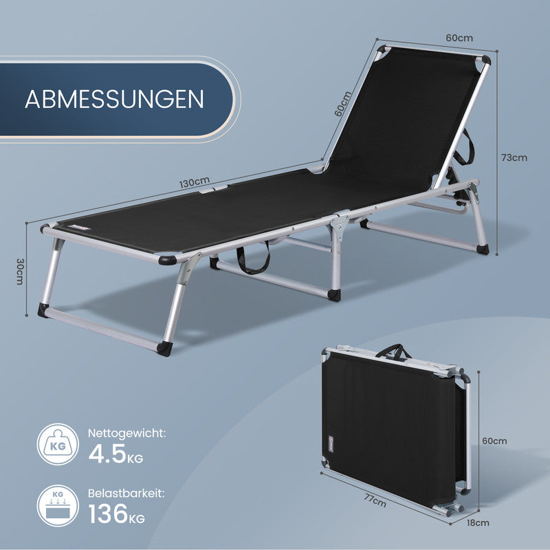 Sonnenliege klappbar – Leichte Gartenliege aus Aluminium mit 5-fach verstellbarer Rückenlehne schwarz