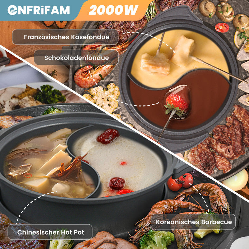 ENFRIFAM 2-in-1 Hot Pot & Teppanyaki Tischgrill 2000W – Elektrischer Grill mit Kochtopf - unbenutzte geprüfte B-Ware