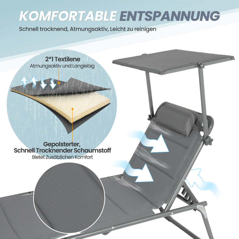 Sonnenliege klappbar – Gartenliege aus Aluminium mit 5-fach verstellbarer Rückenlehne, Sonnenschutz und Kopfstütze, bis 180 kg belastbar - grau