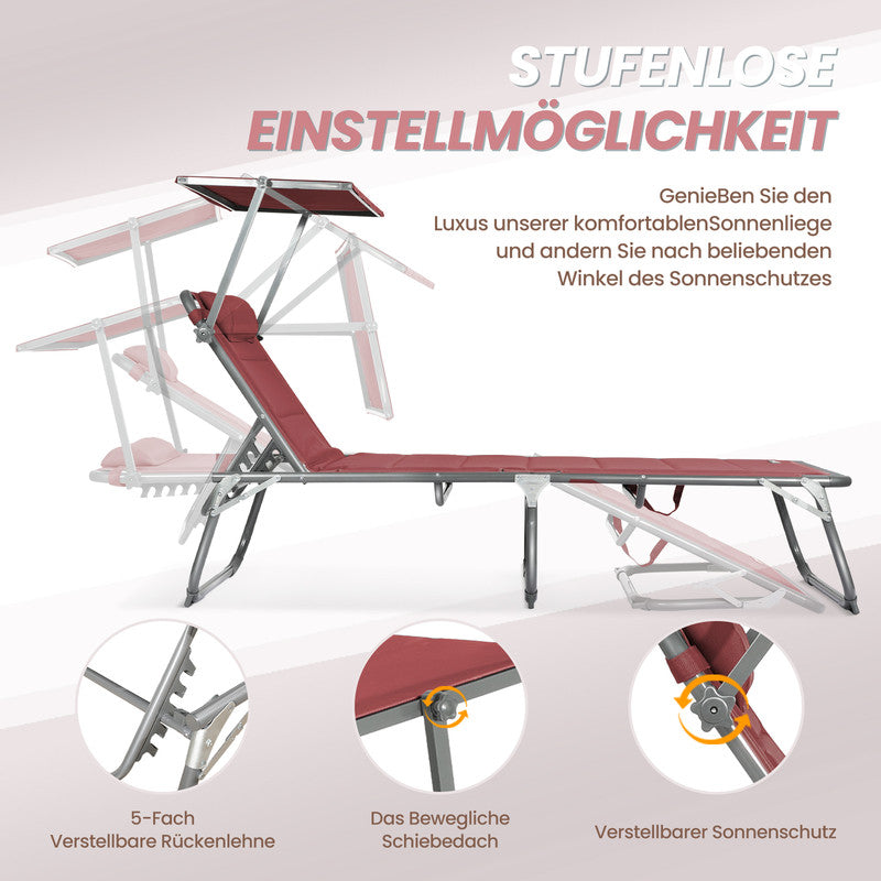 HOMECALL Sonnenliege XXL klappbar – 5-fach verstellbar mit Sonnenschutz rot, gepolstert bis 180 kg belstbar | B-Ware Sonderposten