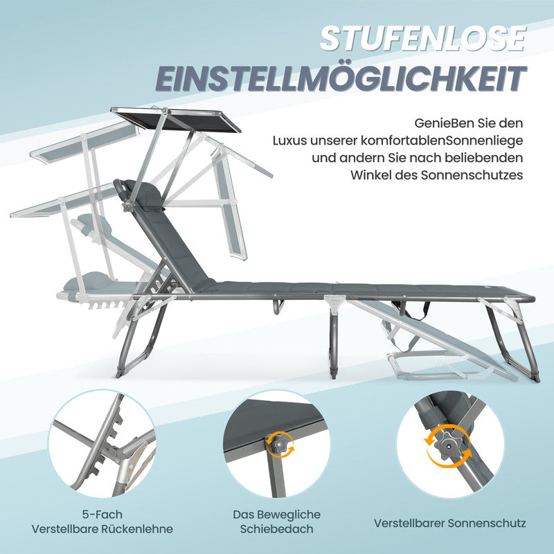 HOMECALL Sonnenliege XXL klappbar – 5-fach verstellbar mit Sonnenschutz anthrazit, gepolstert bis 180 kg | B-Ware Sonderposten