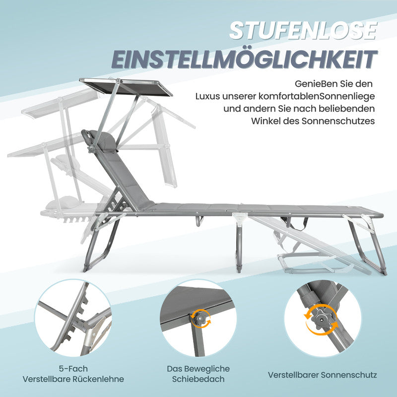 HOMECALL Sonnenliege XXL klappbar – 5-fach verstellbar mit Sonnenschutz grau, gepolstert bis 180 kg belastbar | B-Ware Sonderposten