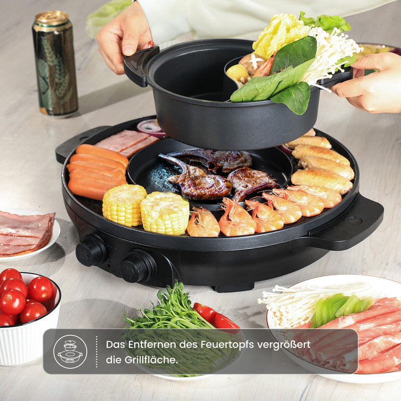 ENFRIFAM 2-in-1 Hot Pot & Teppanyaki Tischgrill 2000W – Elektrischer Grill mit Kochtopf - unbenutzte geprüfte B-Ware