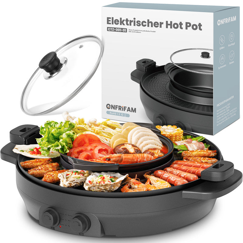 ENFRIFAM 2-in-1 Hot Pot & Teppanyaki Grill – Elektrischer Tischgrill mit Kochtopf - unbenutzte, geprüfte  B-Ware