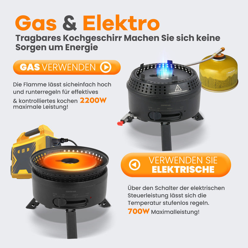 ENFRIFAM 2-in-1 Campingkocher Gas & Elektro – Outdoor Kocher mit 1,8 L Topf & Pfannen, bis 2200 W, Camping Herd | B-Ware Sonderposten
