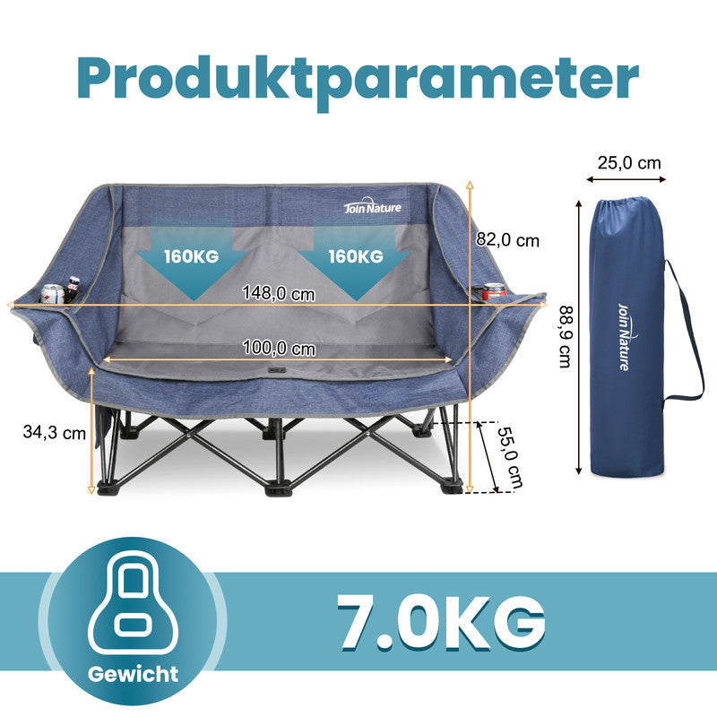 HOMECALL Campingstuhl 2 Personen faltbar – Doppel Campingsofa bis 360 kg, stabile Camping Couch mit Rückenlehne