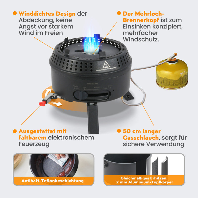 ENFRIFAM 2-in-1 Campingkocher Gas & Elektro – Outdoor Kocher mit 1,8 L Topf & Pfannen, bis 2200 W, Camping Herd | B-Ware Sonderposten