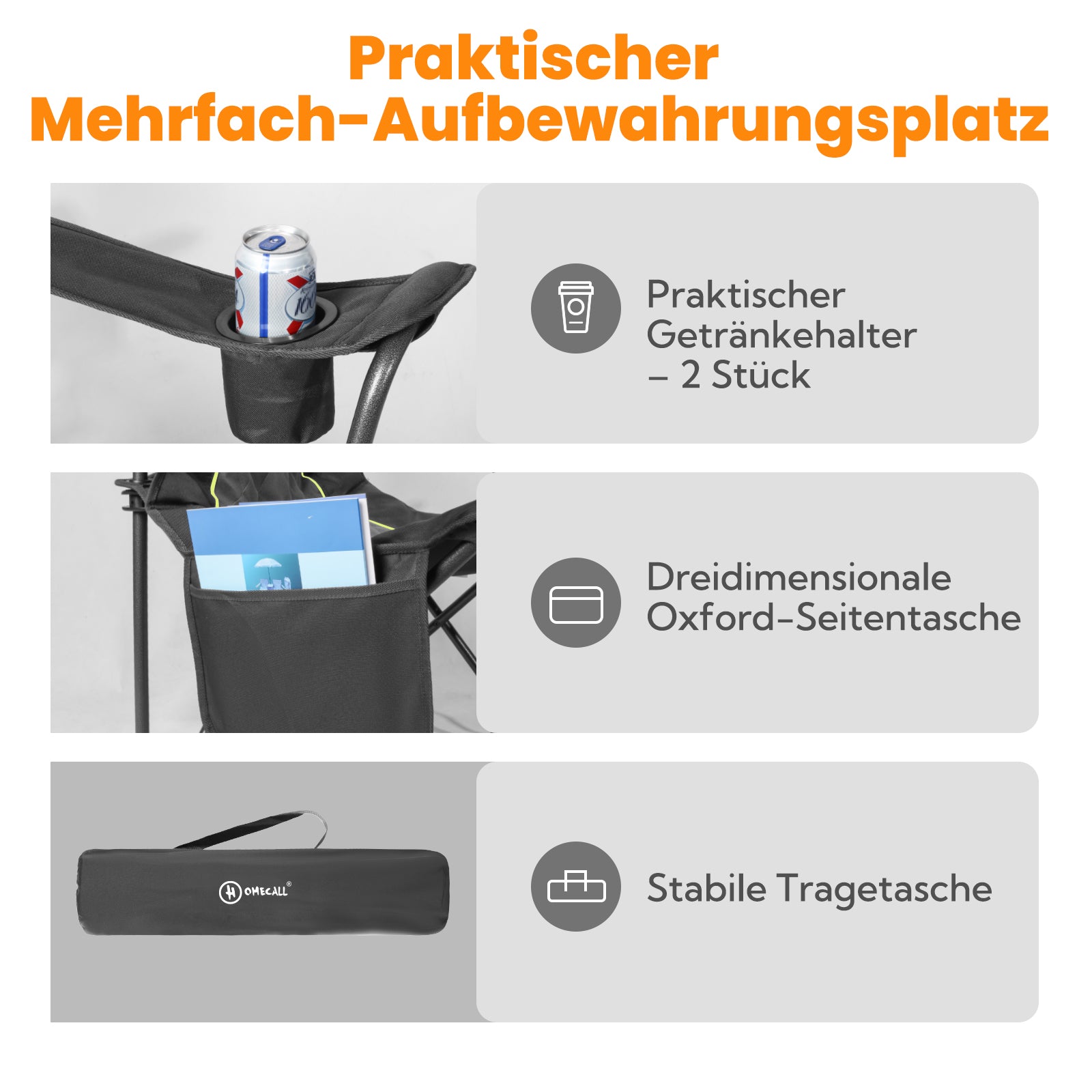 HOMECALL XXL Campingstuhl klappbar bis 360 kg belastbar – gepolsterter Hochlehner mit Getränkehalter | B-Ware Sonderposten