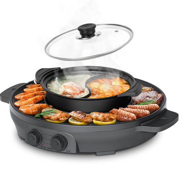 ENFRIFAM 2-in-1 Hot Pot & Teppanyaki Tischgrill 2000W – Elektrischer Grill mit Kochtopf - unbenutzte geprüfte B-Ware